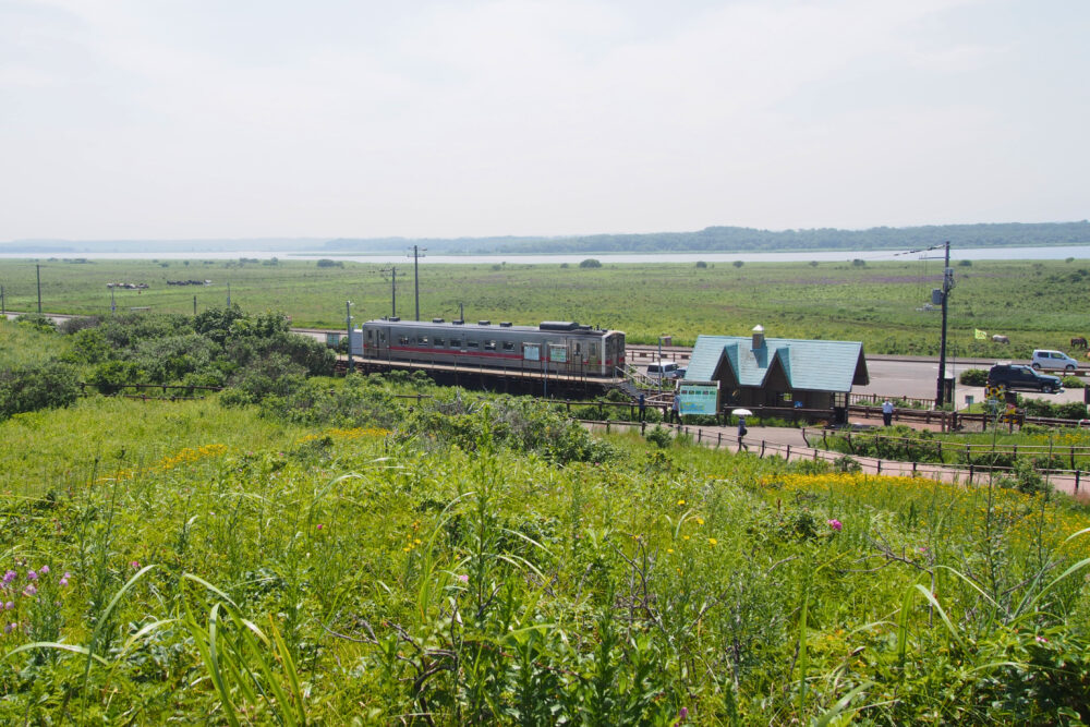 原生花園駅に電車が到着したところ。