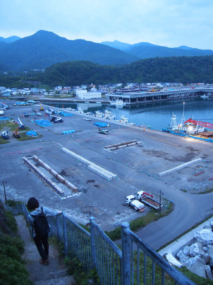 オロンコ岩からみたウトロ港と町並み。