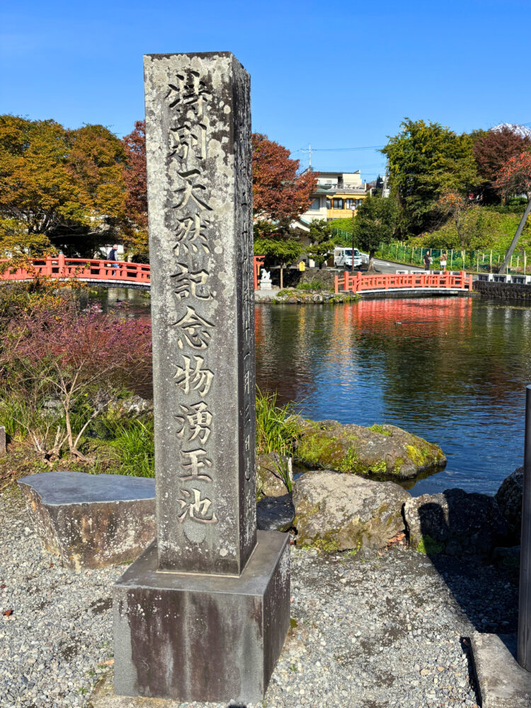湧玉池。背景に赤い橋と厳島神社が見える。