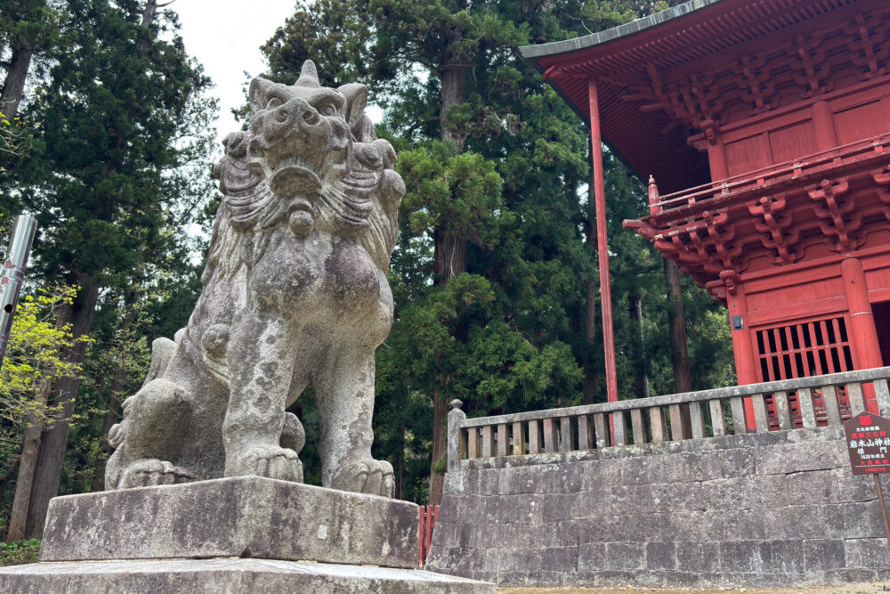 階段下の狛犬のアップ写真。