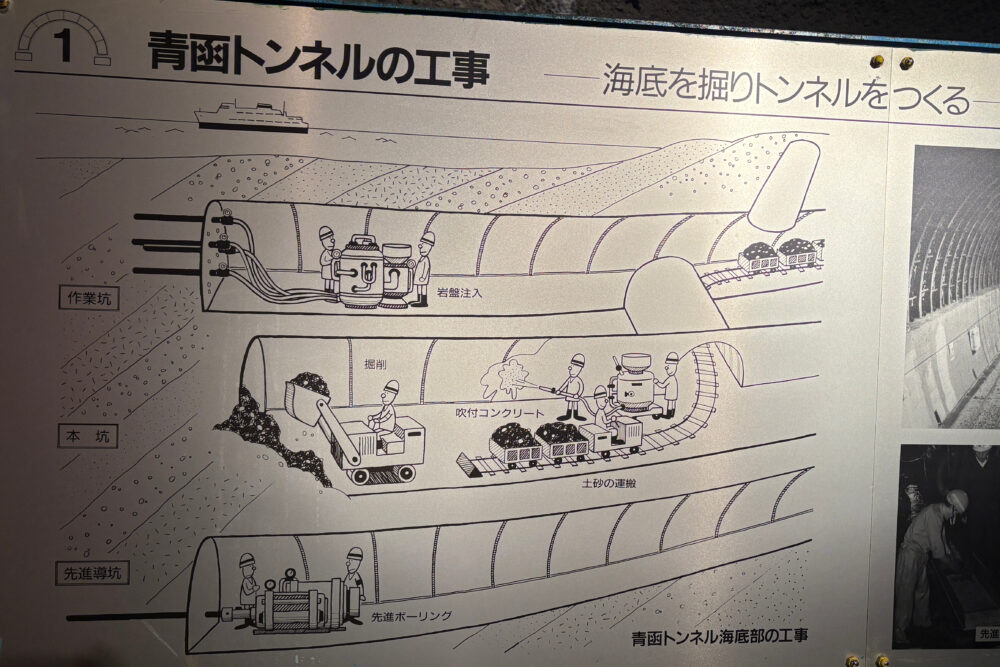 青函トンネル工事の説明パネル。作業校、本坑、先進導坑の違いがイラストで描かれている。