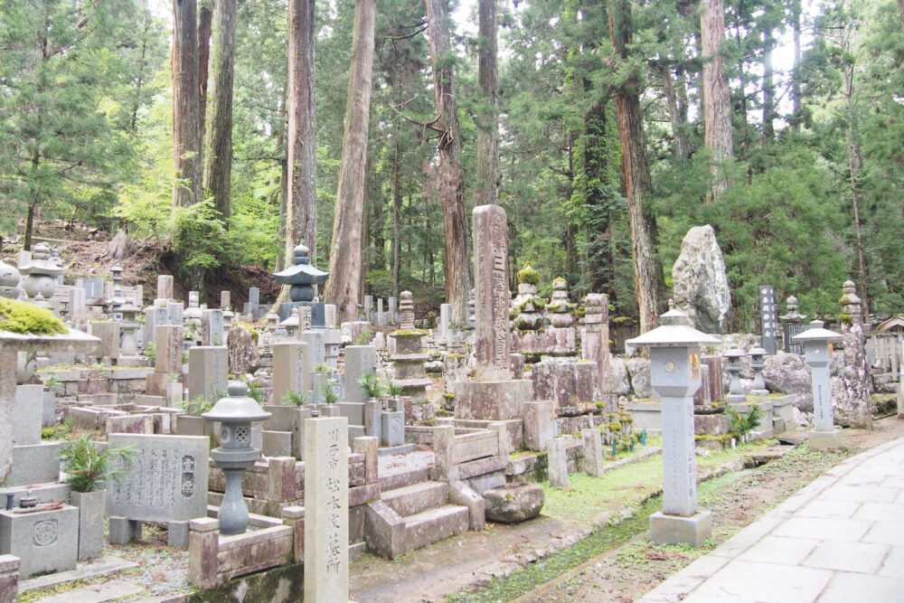 奥之院の参道脇に広がる墓所と杉木立