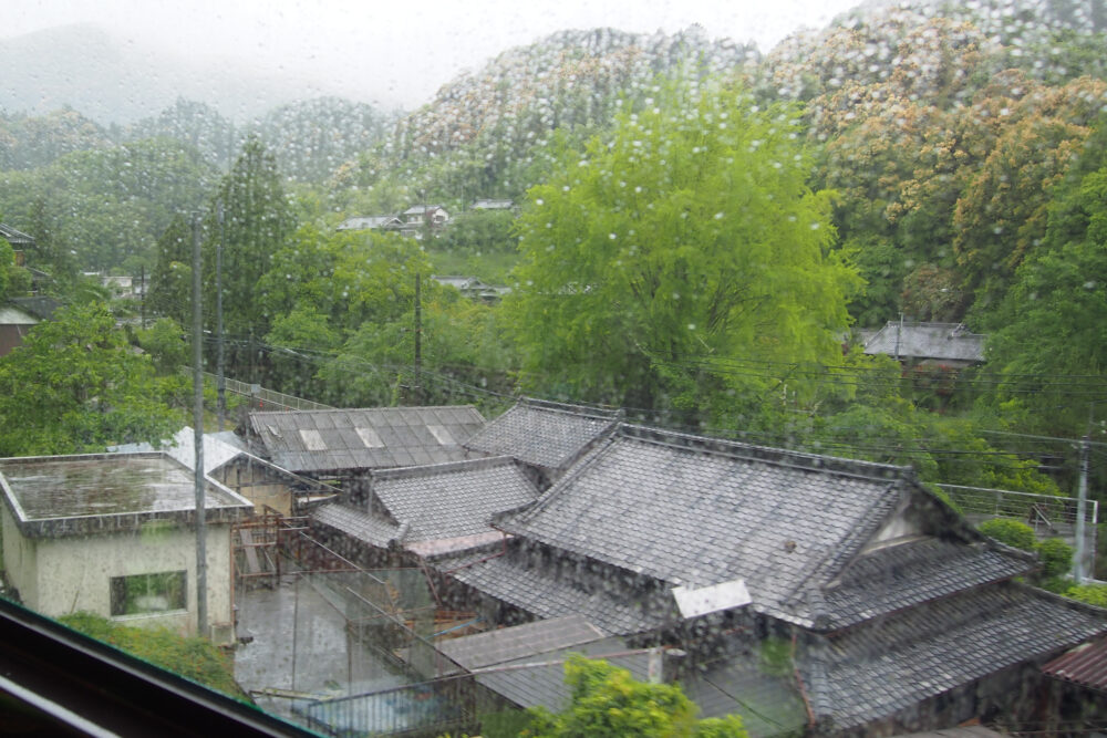 雨に濡れた車窓から見た山あいの風景