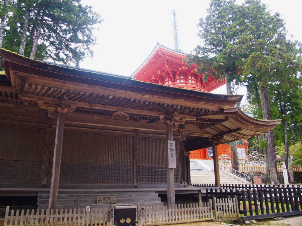 壇上伽藍の不動堂と、奥に見える根本大塔