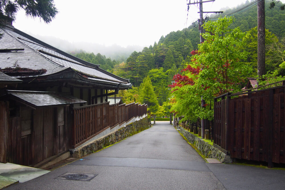 高野山の宿坊・不動院を出て歩く静かな朝の参道