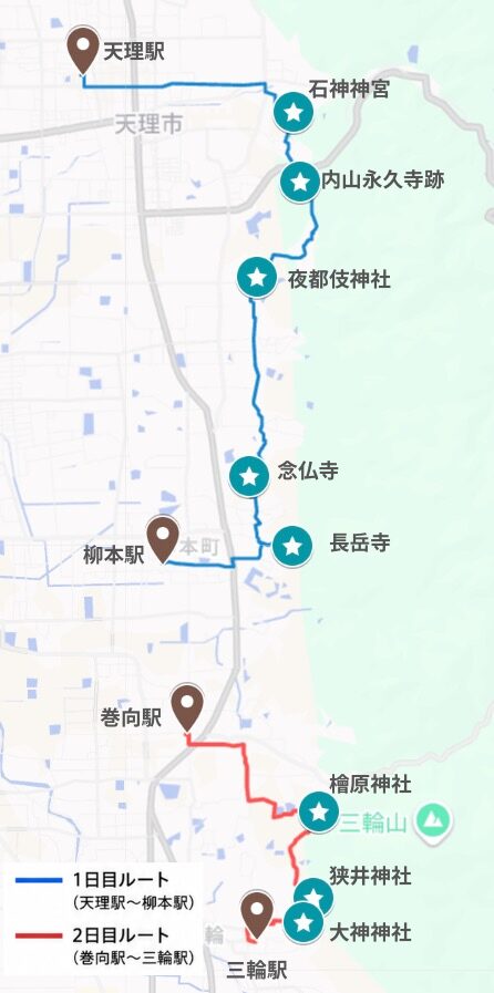 山の辺の道前半・後半のルートと主な立ち寄りスポットを示したマップ山の辺の道（南コース）コースマップ