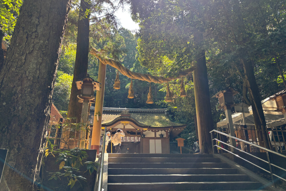 注連柱越しに見る狭井神社の拝殿